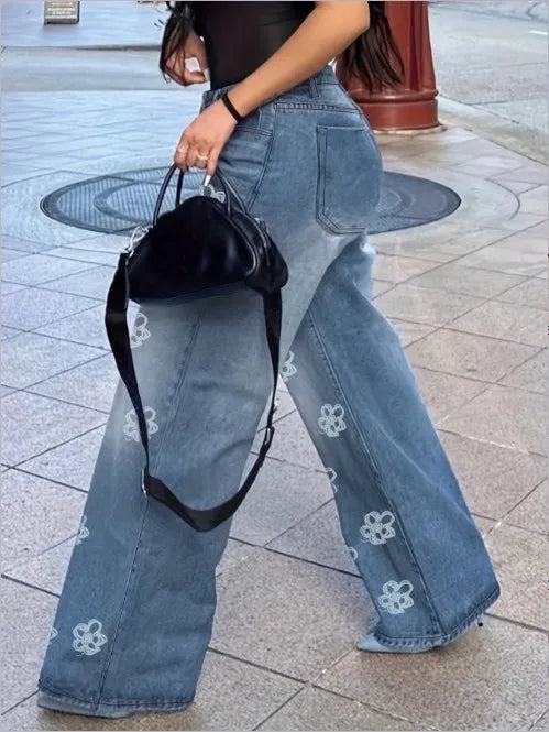 Floral Print High Waist Straight Leg Casual Jeans