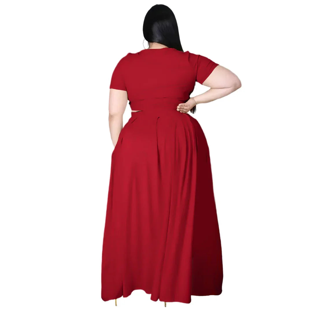 Plus Size Fashionable plus Size Women's Outfit Crossed Belted Skirt Two-Piece Set Solid Color Wide Hemline Stylish Ensemble