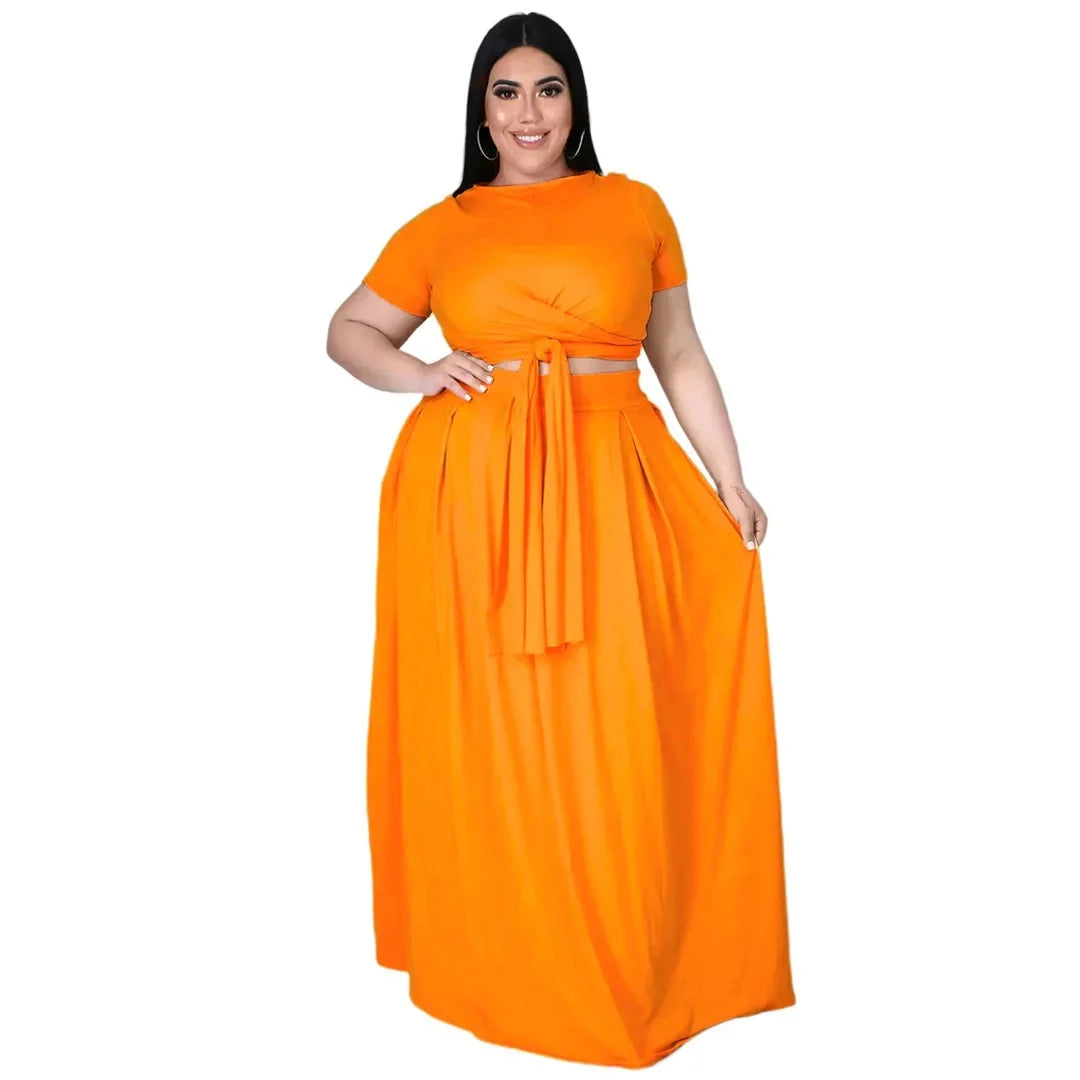 Plus Size Fashionable plus Size Women's Outfit Crossed Belted Skirt Two-Piece Set Solid Color Wide Hemline Stylish Ensemble