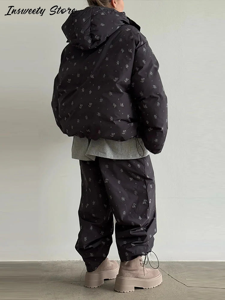 Chic Striped Hooded Puffer Coat Set