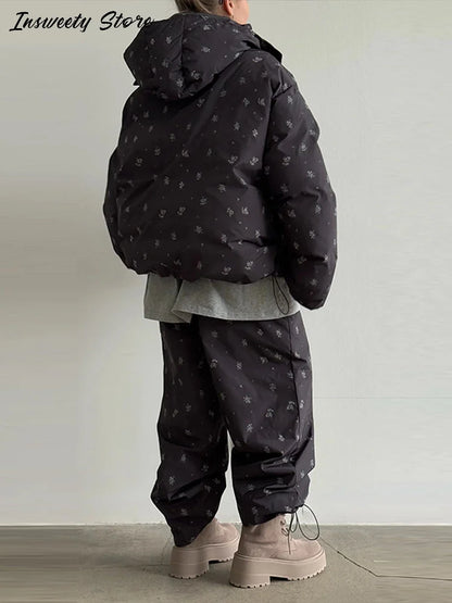 Chic Striped Hooded Puffer Coat Set