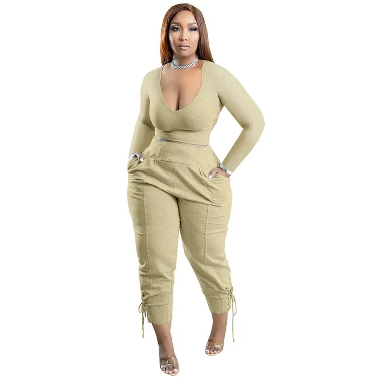 Plus Size Sexy Loose Fit Casual Two-Piece Set for plus Size Women V-Neck Pure Color Pantsuit Fashionable And Comfortable Ense...