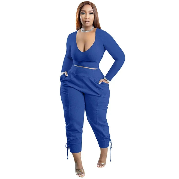 Plus Size Sexy Loose Fit Casual Two-Piece Set for plus Size Women V-Neck Pure Color Pantsuit Fashionable And Comfortable Ense...