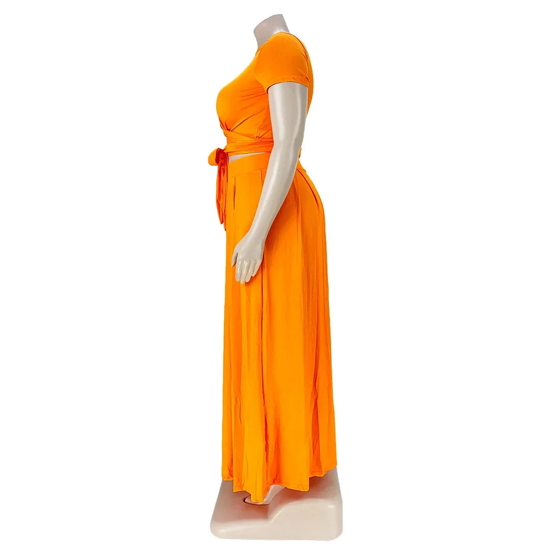 Plus Size Fashionable plus Size Women's Outfit Crossed Belted Skirt Two-Piece Set Solid Color Wide Hemline Stylish Ensemble