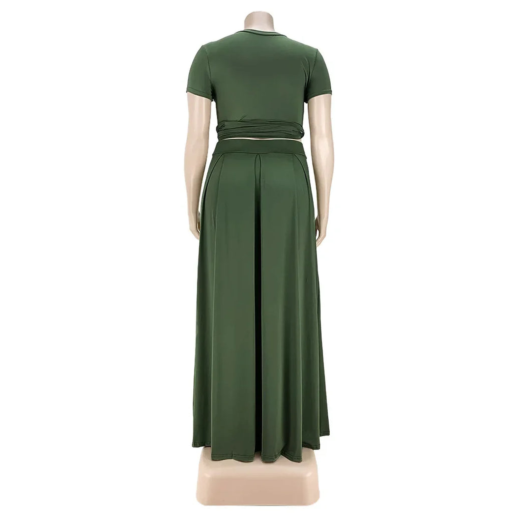 Plus Size Fashionable plus Size Women's Outfit Crossed Belted Skirt Two-Piece Set Solid Color Wide Hemline Stylish Ensemble
