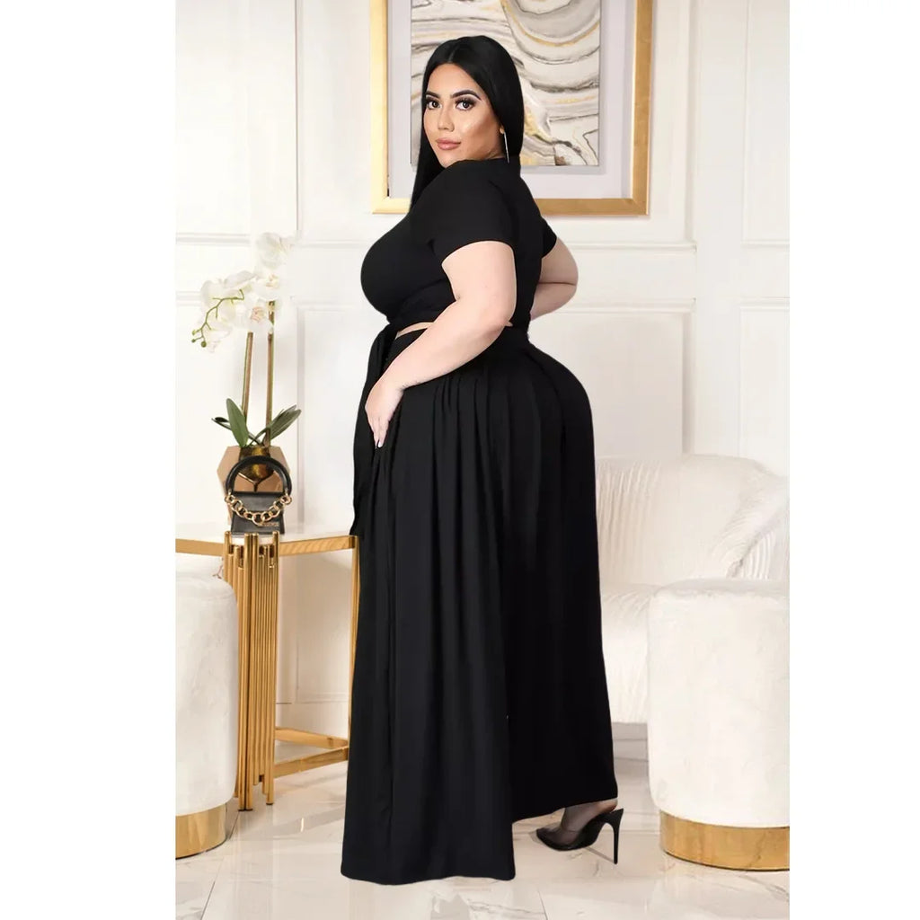 Plus Size Fashionable plus Size Women's Outfit Crossed Belted Skirt Two-Piece Set Solid Color Wide Hemline Stylish Ensemble