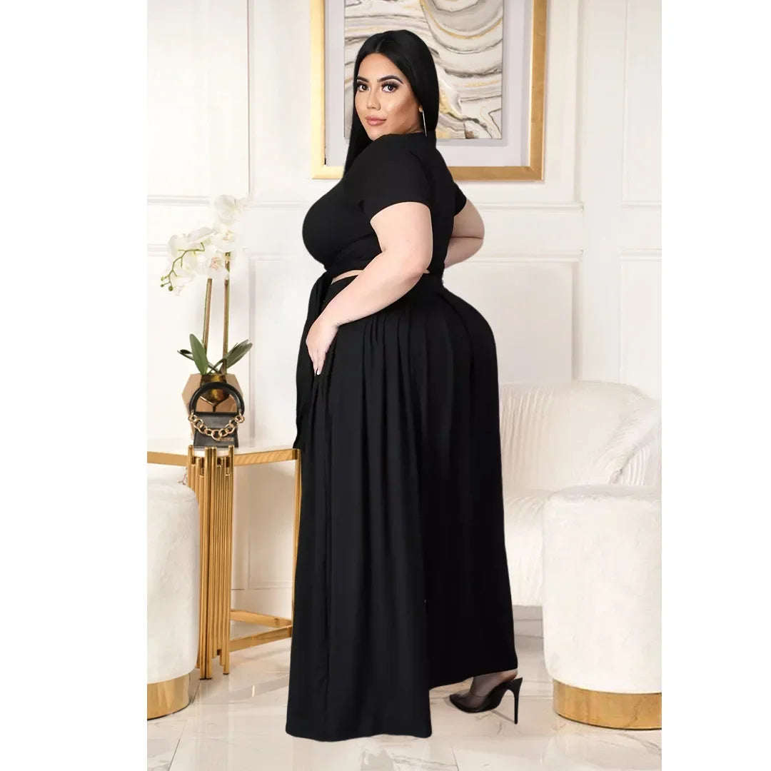 Plus Size Fashionable plus Size Women's Outfit Crossed Belted Skirt Two-Piece Set Solid Color Wide Hemline Stylish Ensemble