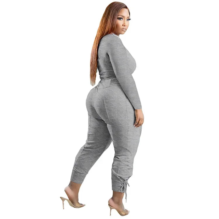 Plus Size Sexy Loose Fit Casual Two-Piece Set for plus Size Women V-Neck Pure Color Pantsuit Fashionable And Comfortable Ense...