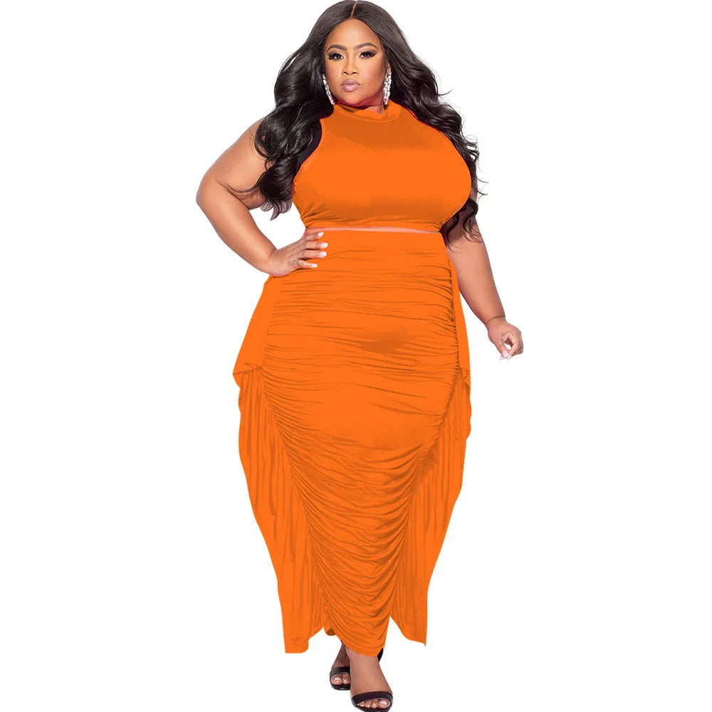 Plus Size Tassel Matching Set Women Chubby Crop Top Female Ruced Dress Luxury Elegant Outfit 2024 Summer Two Piece Skirt Set