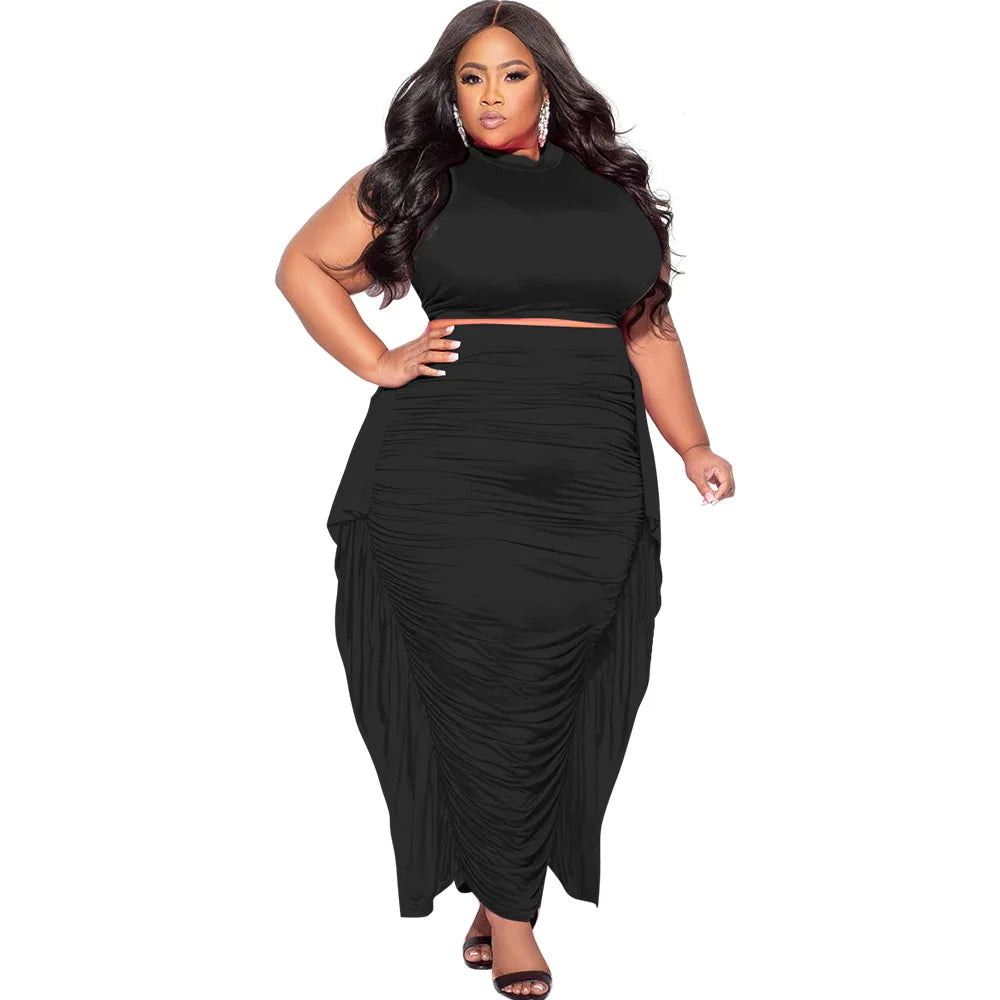 Plus Size Tassel Matching Set Women Chubby Crop Top Female Ruced Dress Luxury Elegant Outfit 2024 Summer Two Piece Skirt Set