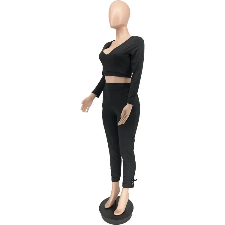 Plus Size Sexy Loose Fit Casual Two-Piece Set for plus Size Women V-Neck Pure Color Pantsuit Fashionable And Comfortable Ense...