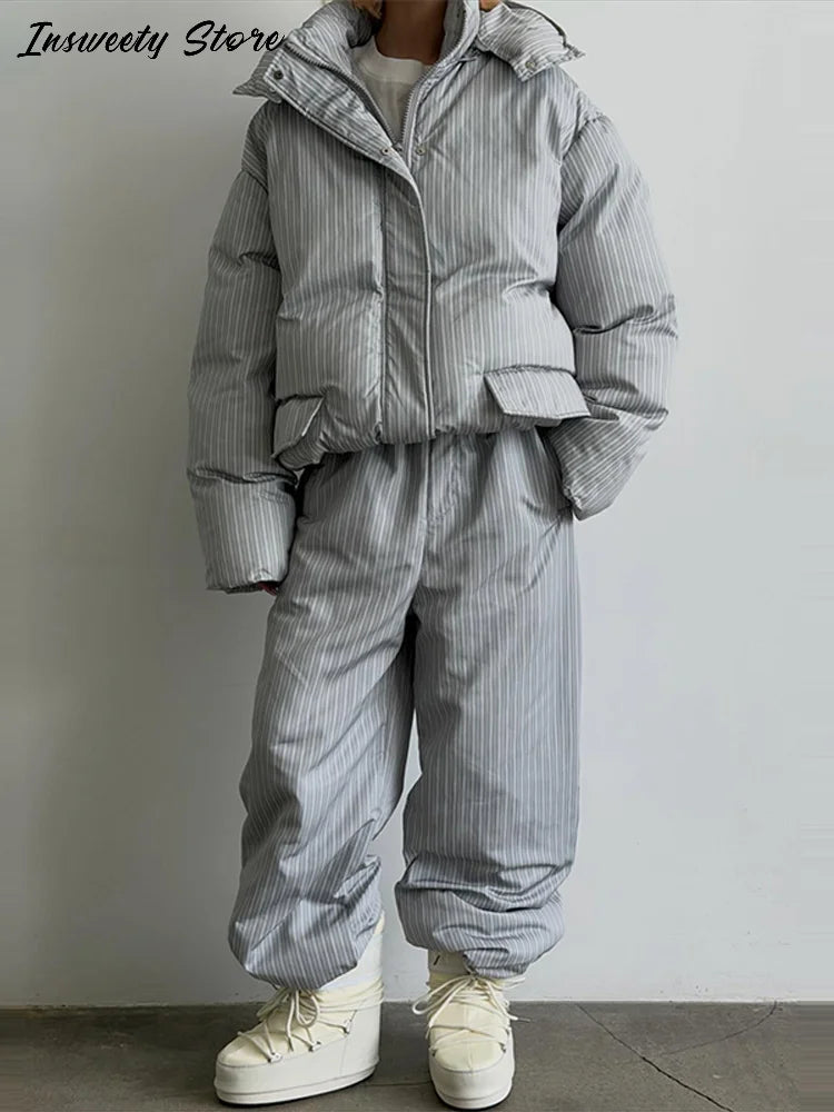 Chic Striped Hooded Puffer Coat Set
