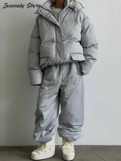 Chic Striped Hooded Puffer Coat Set