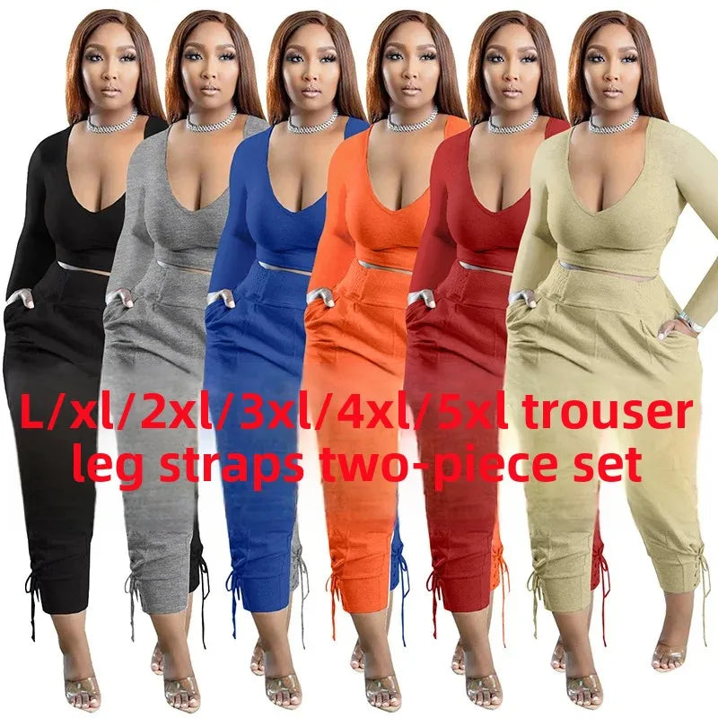 Plus Size Sexy Loose Fit Casual Two-Piece Set for plus Size Women V-Neck Pure Color Pantsuit Fashionable And Comfortable Ense...