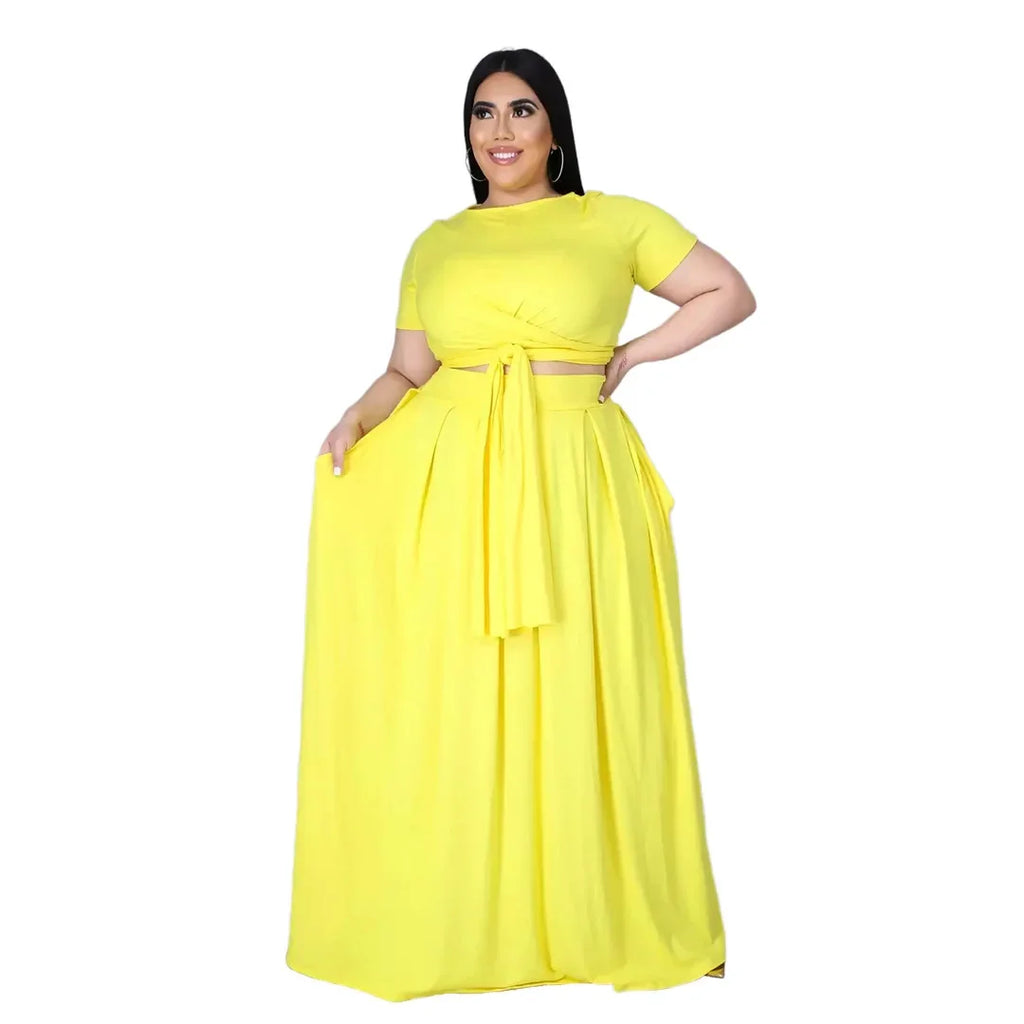 Plus Size Fashionable plus Size Women's Outfit Crossed Belted Skirt Two-Piece Set Solid Color Wide Hemline Stylish Ensemble