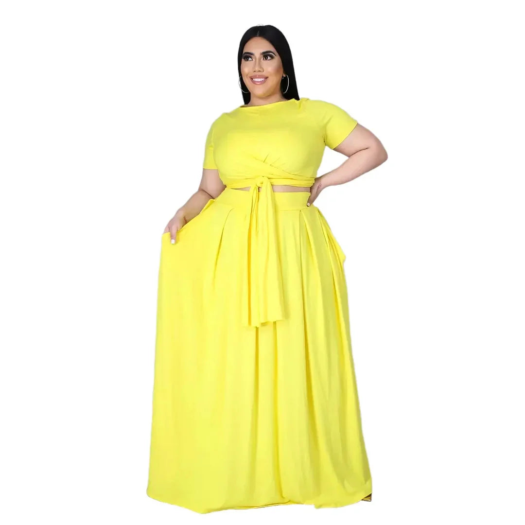 Plus Size Fashionable plus Size Women's Outfit Crossed Belted Skirt Two-Piece Set Solid Color Wide Hemline Stylish Ensemble
