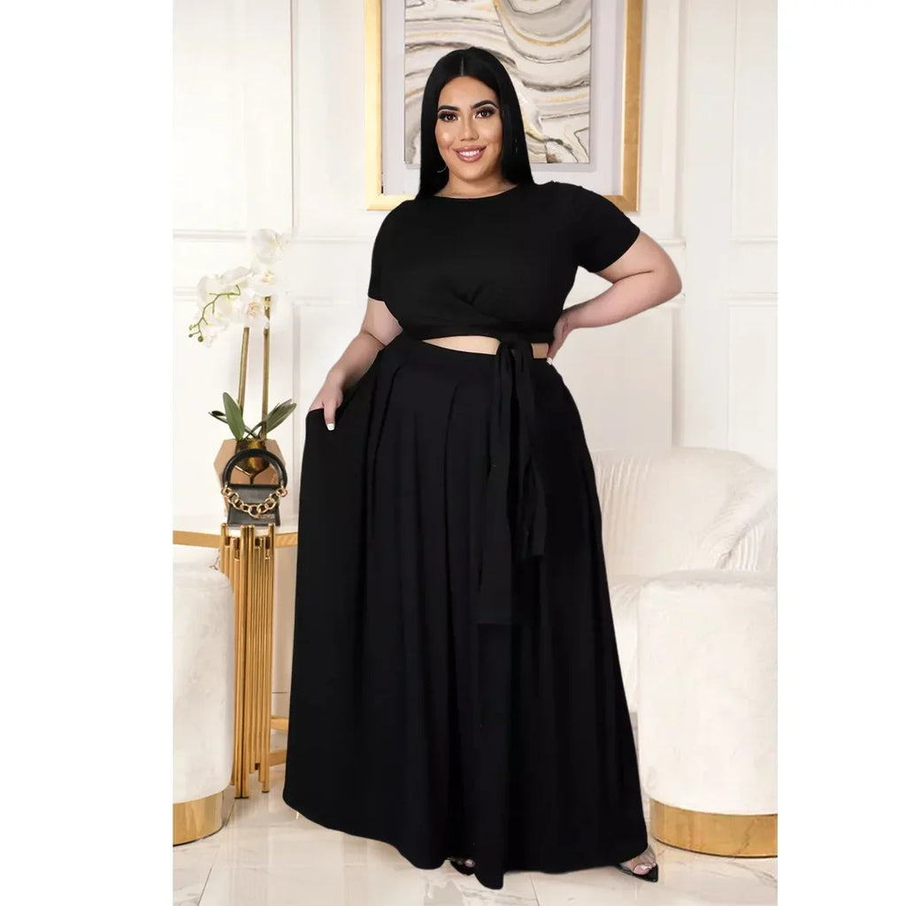 Plus Size Fashionable plus Size Women's Outfit Crossed Belted Skirt Two-Piece Set Solid Color Wide Hemline Stylish Ensemble
