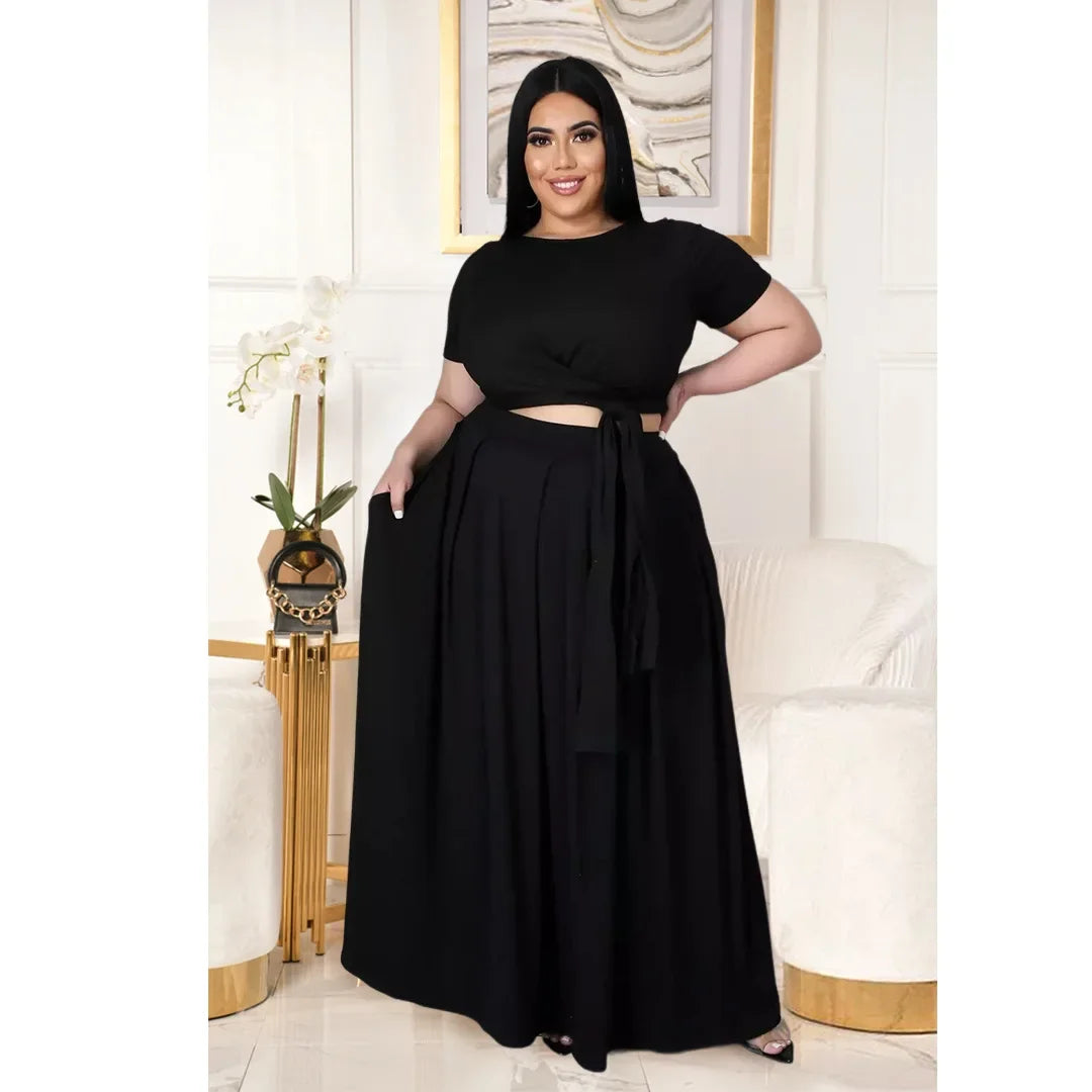 Plus Size Fashionable plus Size Women's Outfit Crossed Belted Skirt Two-Piece Set Solid Color Wide Hemline Stylish Ensemble