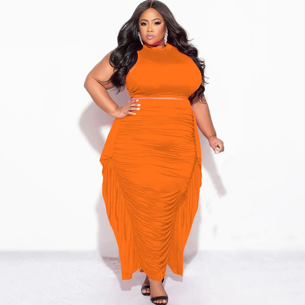 Plus Size Tassel Matching Set Women Chubby Crop Top Female Ruced Dress Luxury Elegant Outfit 2024 Summer Two Piece Skirt Set
