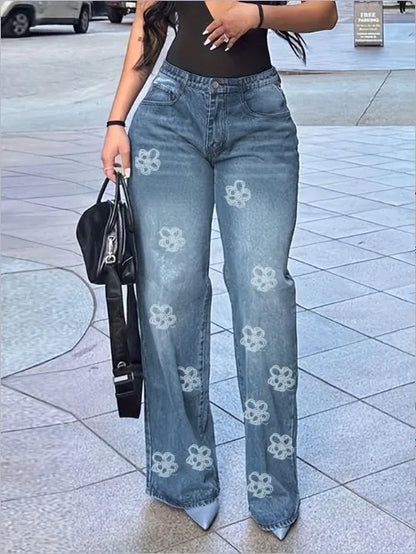 Floral Print High Waist Straight Leg Casual Jeans