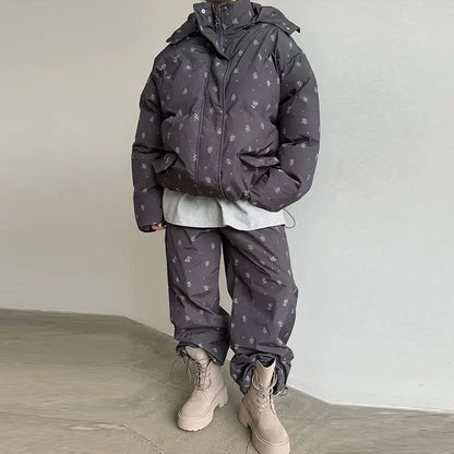 Chic Striped Hooded Puffer Coat Set