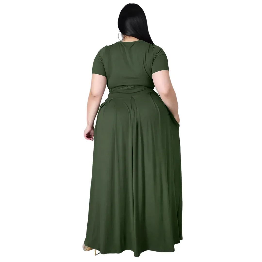 Plus Size Fashionable plus Size Women's Outfit Crossed Belted Skirt Two-Piece Set Solid Color Wide Hemline Stylish Ensemble