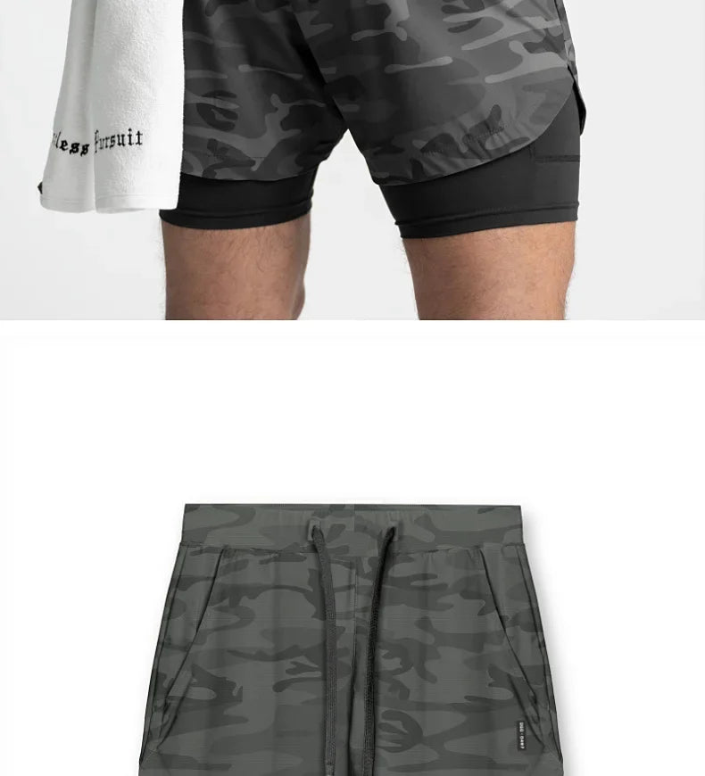 Mens Gyms Fitness 2 in 1 Quick Dry Shorts Summer Running Bodybuilding Jogging Casual Short Pants Workout Male Basketball Bottoms