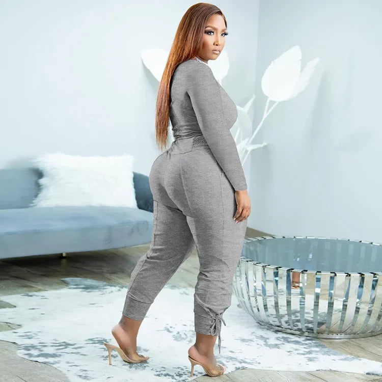 Plus Size Sexy Loose Fit Casual Two-Piece Set for plus Size Women V-Neck Pure Color Pantsuit Fashionable And Comfortable Ense...