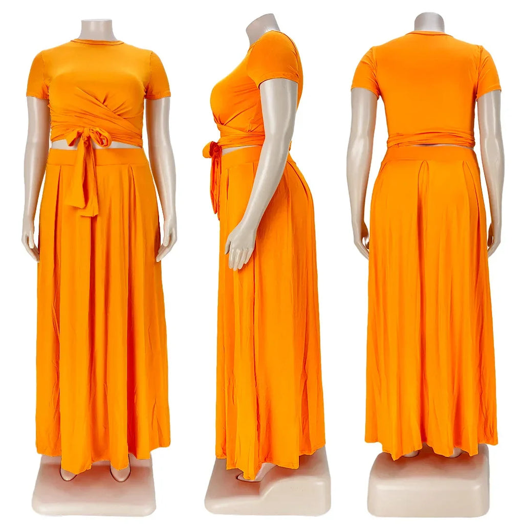 Plus Size Fashionable plus Size Women's Outfit Crossed Belted Skirt Two-Piece Set Solid Color Wide Hemline Stylish Ensemble
