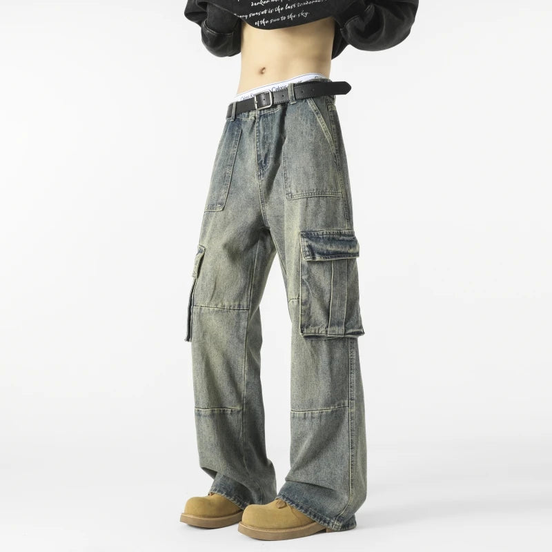 Men's Loose Fit Straight Wide Leg Cargo Jeans