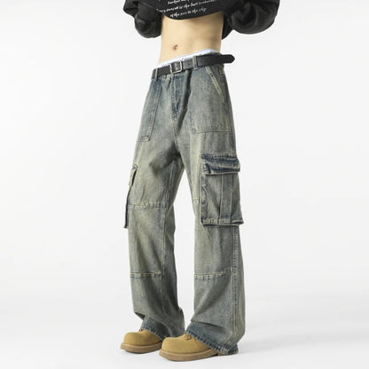 Men's Loose Fit Straight Wide Leg Cargo Jeans