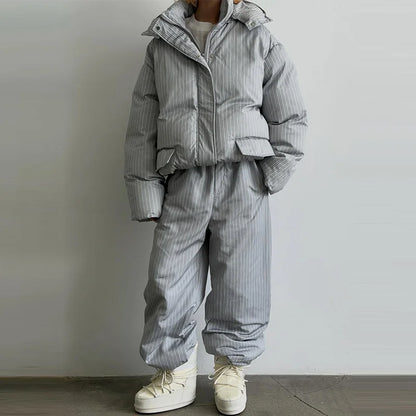 Chic Striped Hooded Puffer Coat Set