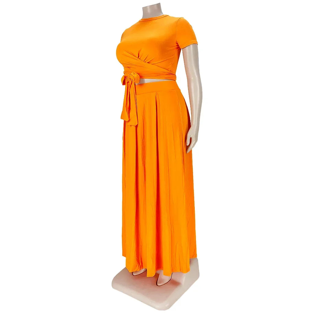Plus Size Fashionable plus Size Women's Outfit Crossed Belted Skirt Two-Piece Set Solid Color Wide Hemline Stylish Ensemble