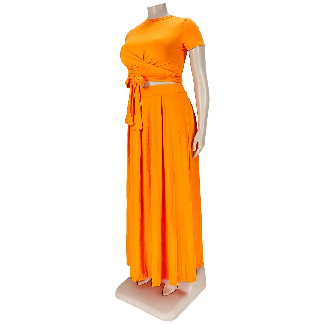 Plus Size Fashionable plus Size Women's Outfit Crossed Belted Skirt Two-Piece Set Solid Color Wide Hemline Stylish Ensemble
