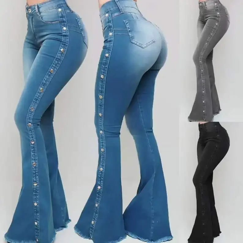Women High Waist Stretch Denim Flare Pants