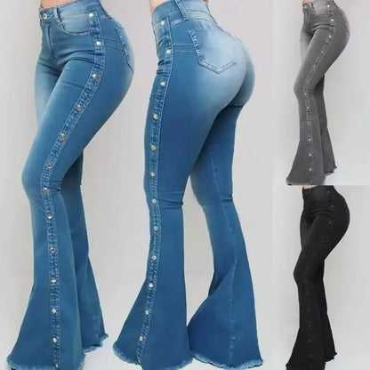 Women High Waist Stretch Denim Flare Pants