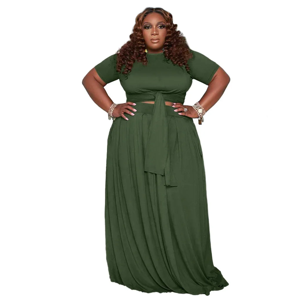 Plus Size Fashionable plus Size Women's Outfit Crossed Belted Skirt Two-Piece Set Solid Color Wide Hemline Stylish Ensemble