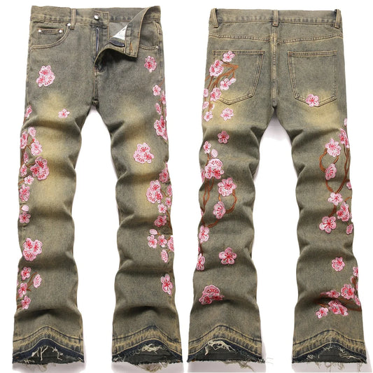 Embroidered Mid Waist Bootcut Vintage Distressed Denims