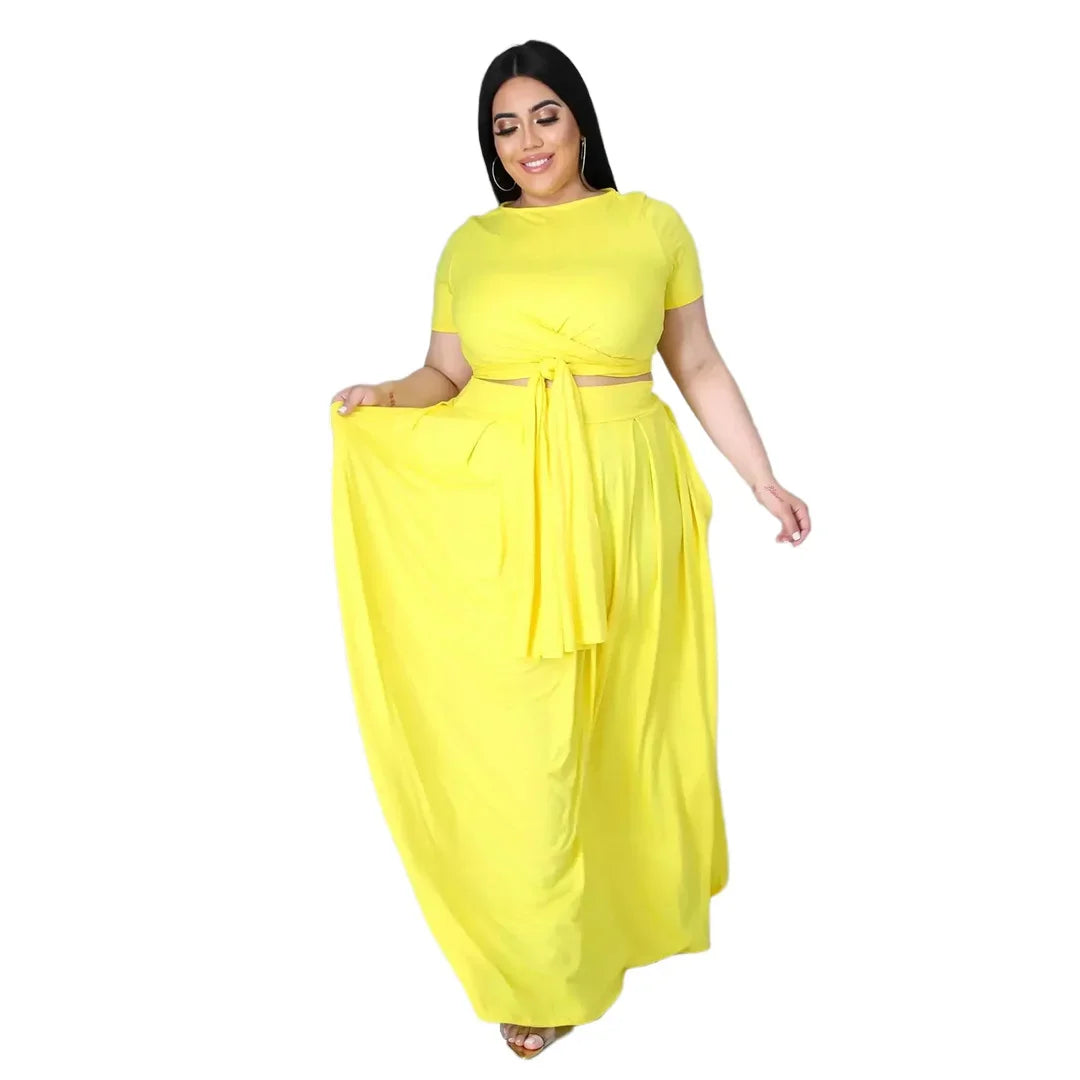 Plus Size Fashionable plus Size Women's Outfit Crossed Belted Skirt Two-Piece Set Solid Color Wide Hemline Stylish Ensemble