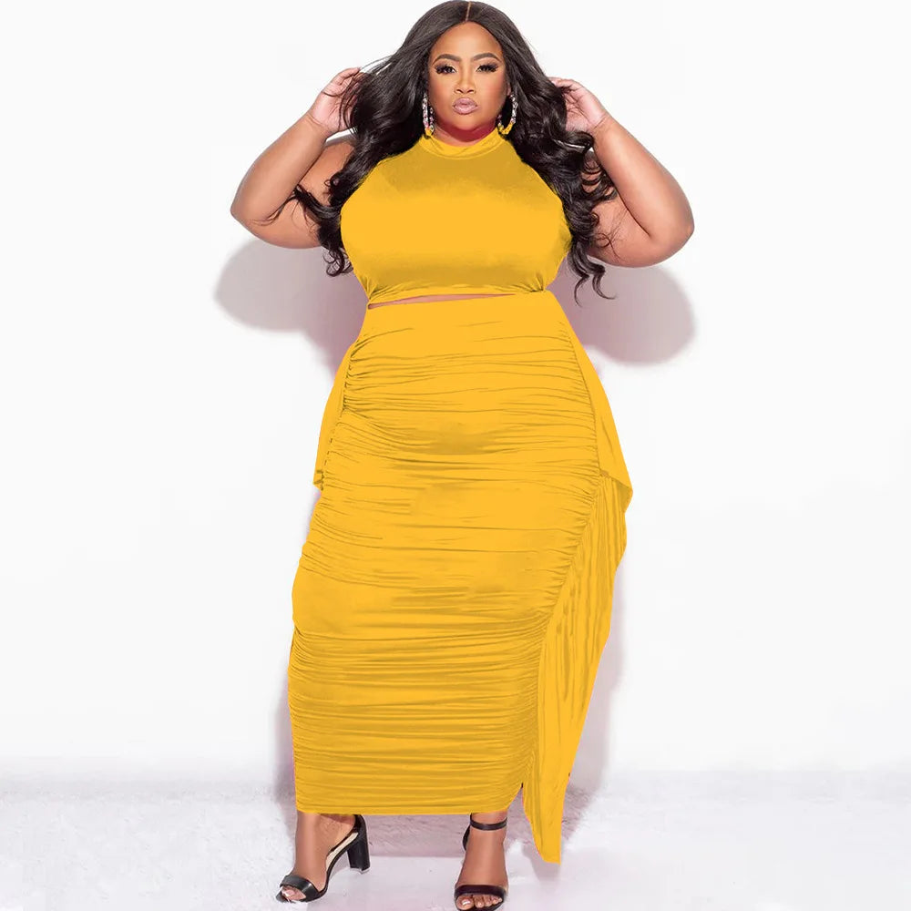 Plus Size Tassel Matching Set Women Chubby Crop Top Female Ruced Dress Luxury Elegant Outfit 2024 Summer Two Piece Skirt Set