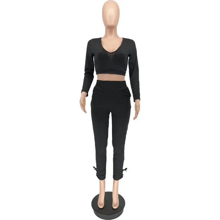 Plus Size Sexy Loose Fit Casual Two-Piece Set for plus Size Women V-Neck Pure Color Pantsuit Fashionable And Comfortable Ense...