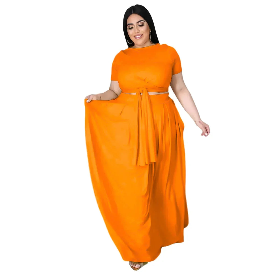 Plus Size Fashionable plus Size Women's Outfit Crossed Belted Skirt Two-Piece Set Solid Color Wide Hemline Stylish Ensemble