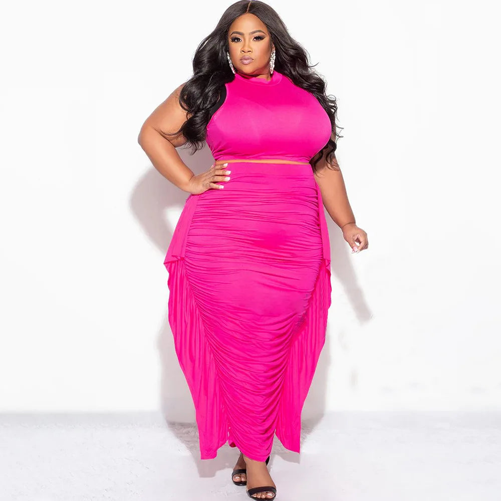 Plus Size Tassel Matching Set Women Chubby Crop Top Female Ruced Dress Luxury Elegant Outfit 2024 Summer Two Piece Skirt Set