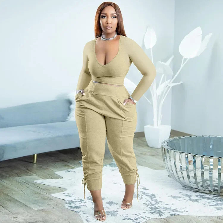 Plus Size Sexy Loose Fit Casual Two-Piece Set for plus Size Women V-Neck Pure Color Pantsuit Fashionable And Comfortable Ense...