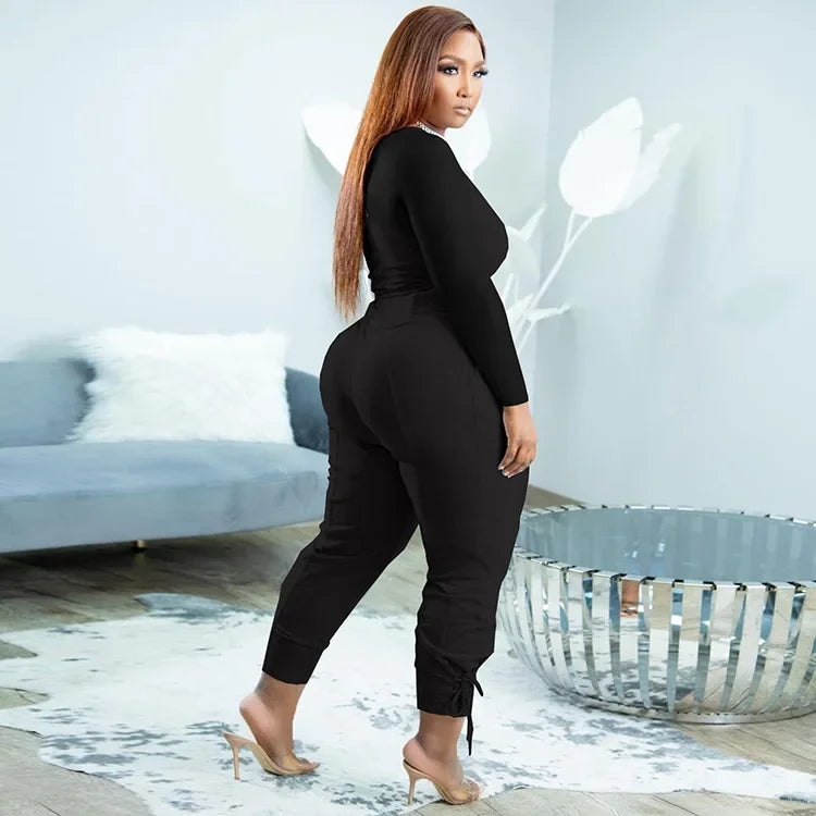 Plus Size Sexy Loose Fit Casual Two-Piece Set for plus Size Women V-Neck Pure Color Pantsuit Fashionable And Comfortable Ense...