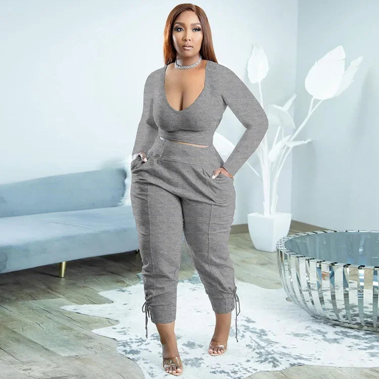 Plus Size Sexy Loose Fit Casual Two-Piece Set for plus Size Women V-Neck Pure Color Pantsuit Fashionable And Comfortable Ense...