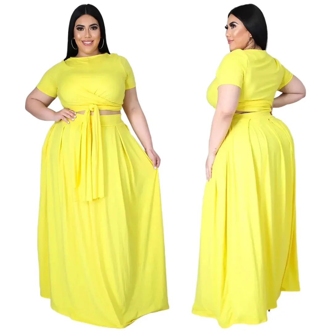 Plus Size Fashionable plus Size Women's Outfit Crossed Belted Skirt Two-Piece Set Solid Color Wide Hemline Stylish Ensemble
