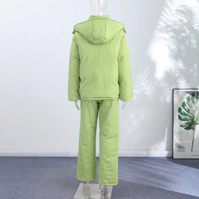 Chic Striped Hooded Puffer Coat Set