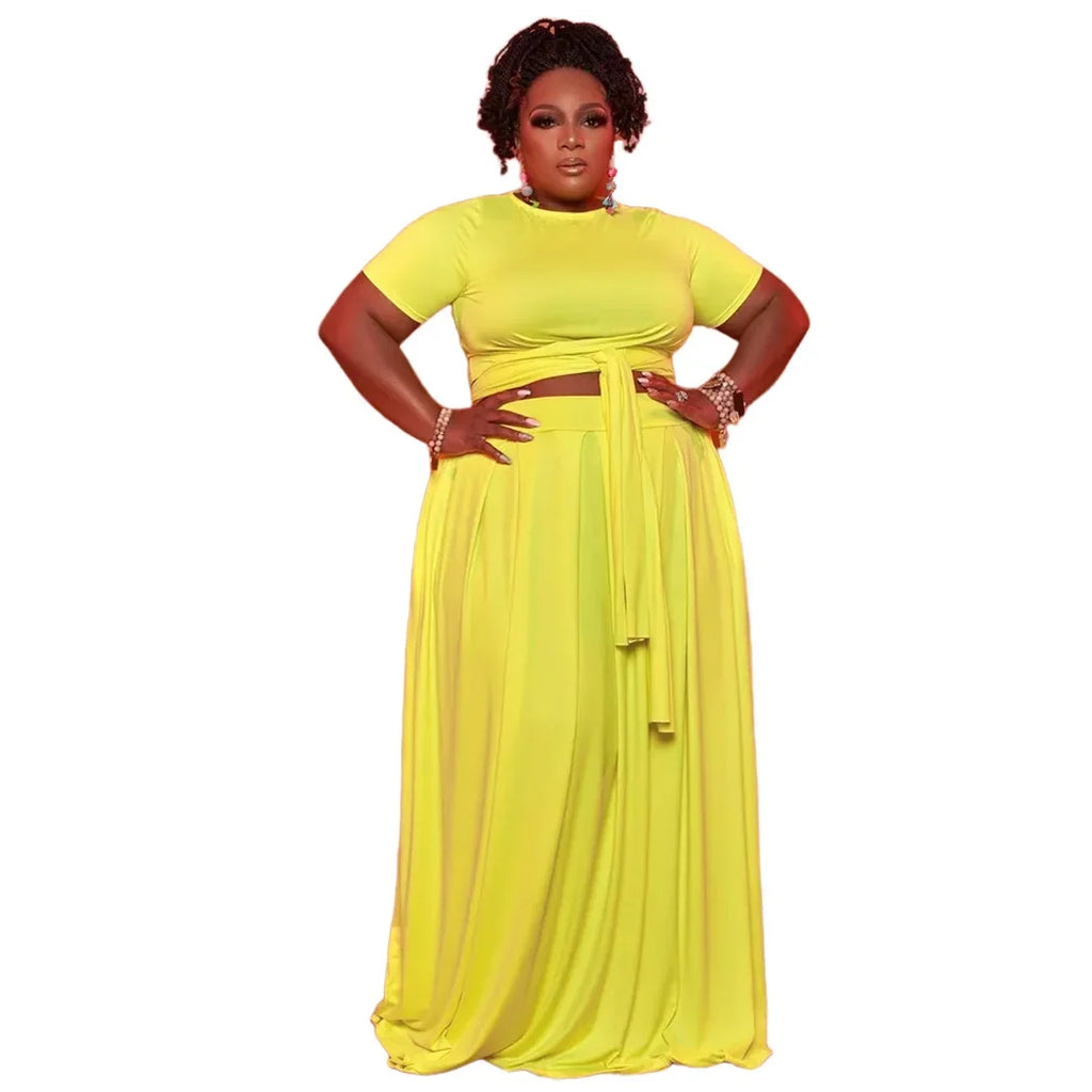 Plus Size Fashionable plus Size Women's Outfit Crossed Belted Skirt Two-Piece Set Solid Color Wide Hemline Stylish Ensemble