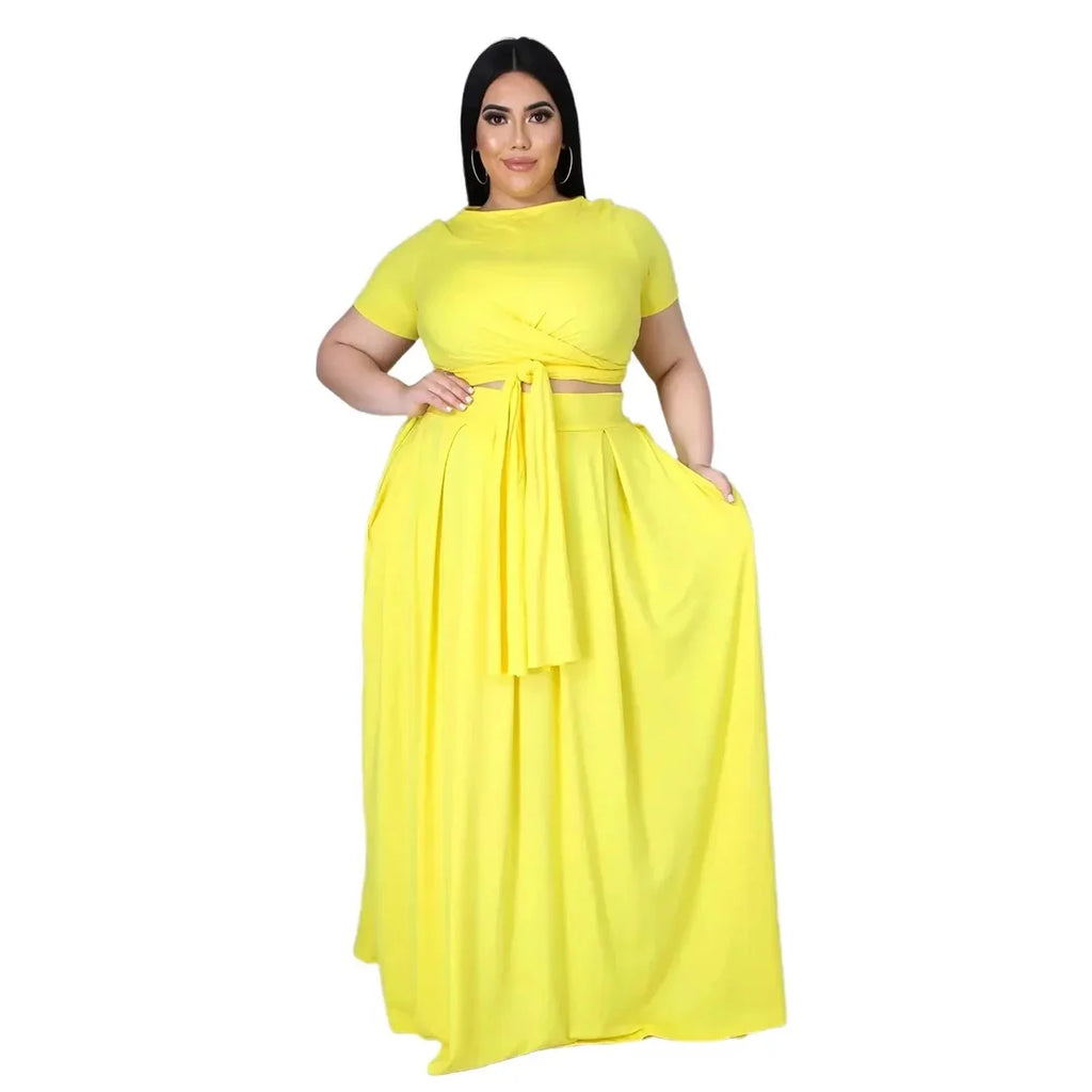 Plus Size Fashionable plus Size Women's Outfit Crossed Belted Skirt Two-Piece Set Solid Color Wide Hemline Stylish Ensemble